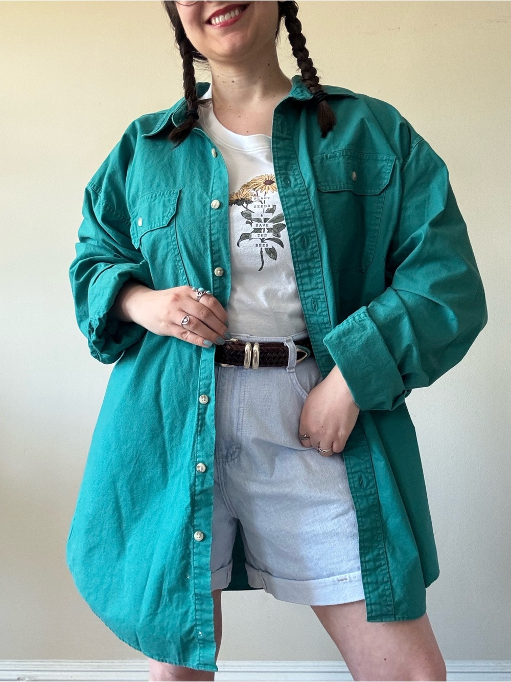 Vintage LL Bean Teal Oversized Long-Sleeve Button-Up Shirt - Casual